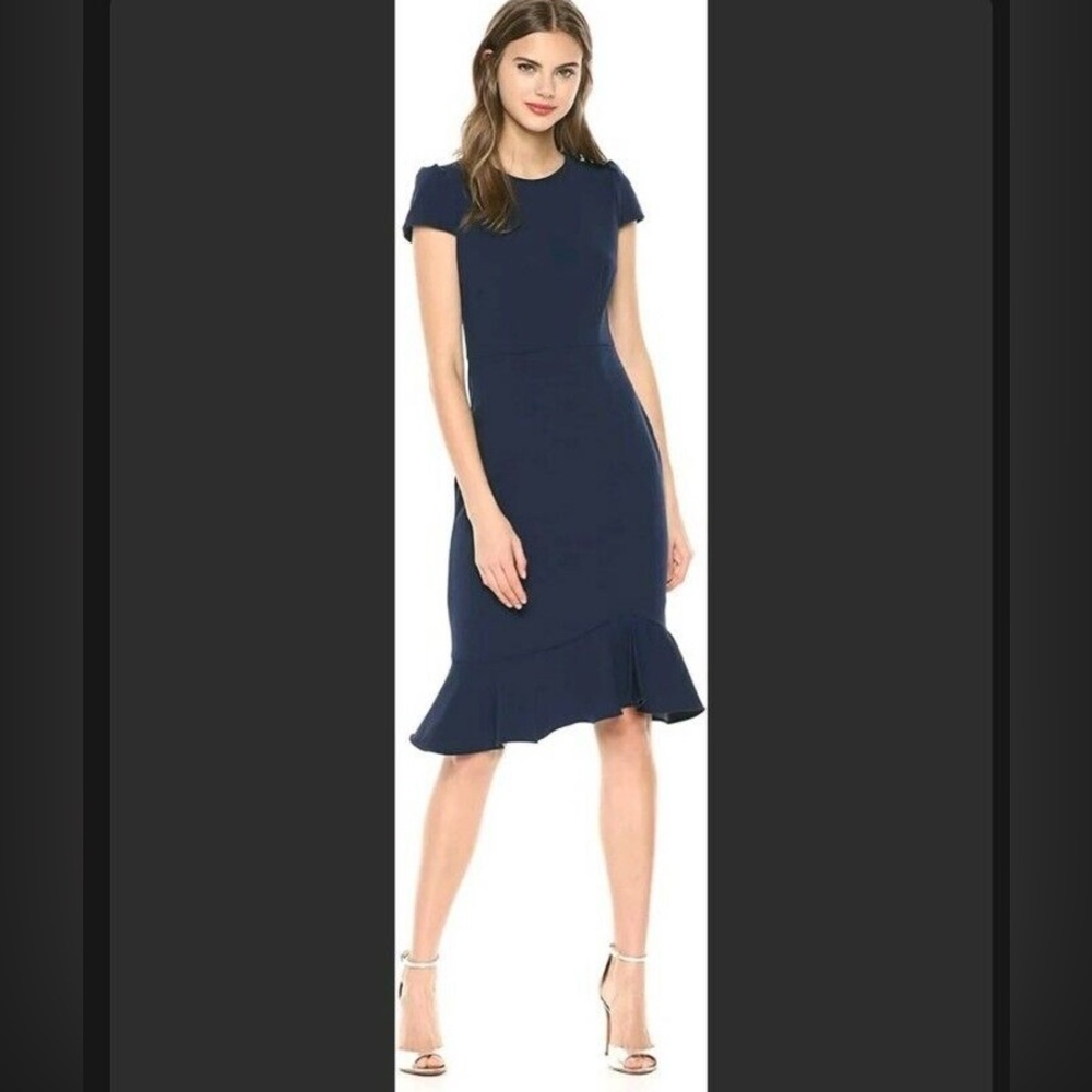 Betsey Johnson Women's Sz 6 Petite Stretch Crepe Dress Ruffled Hem Navy Classic